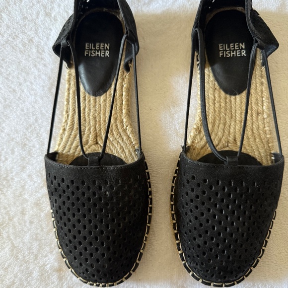 Eileen Fisher espadrille nubuck leather sandals, black, size 8 - Picture 1 of 13